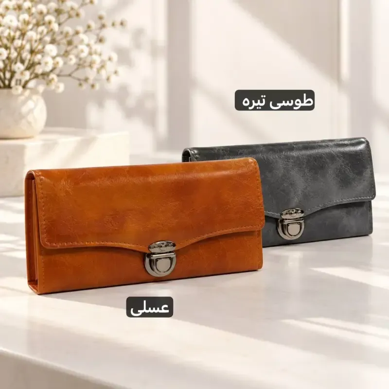 کیف پول چرم مصنوعی زنانه با قفل و جیب داخلی و بیرونی