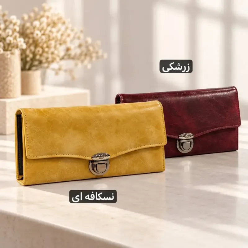 کیف پول چرم مصنوعی زنانه با قفل و جیب داخلی و بیرونی