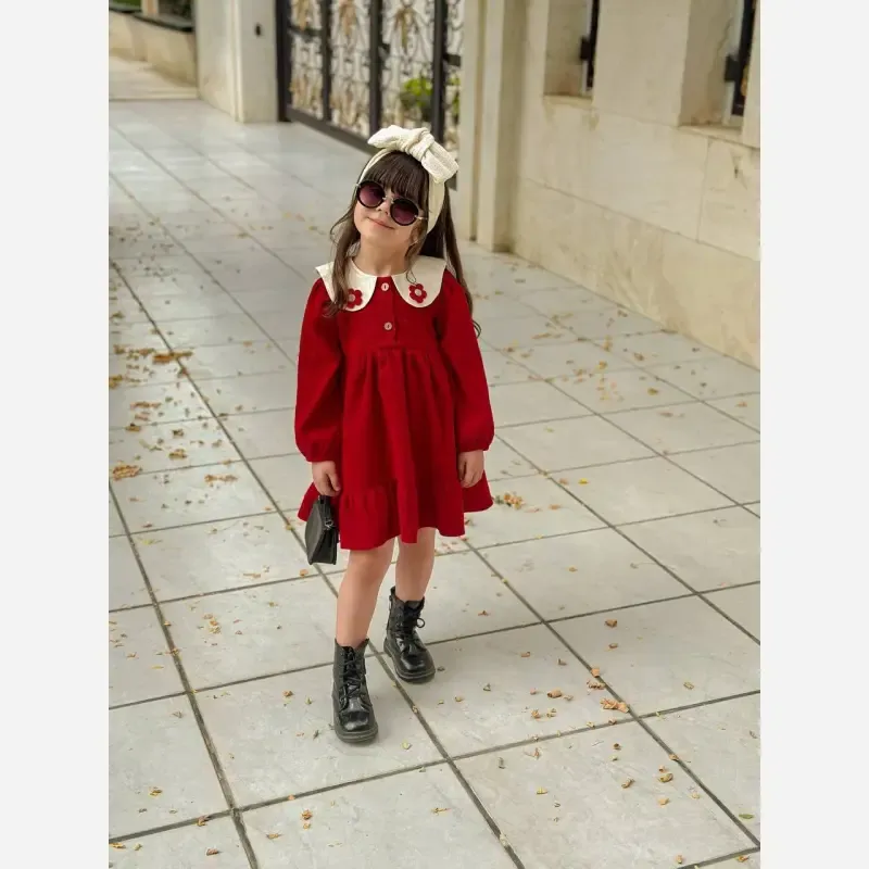 پیراهن دخترانه مخمل کبریتی یلدایی سایز 2 تا 6 سال