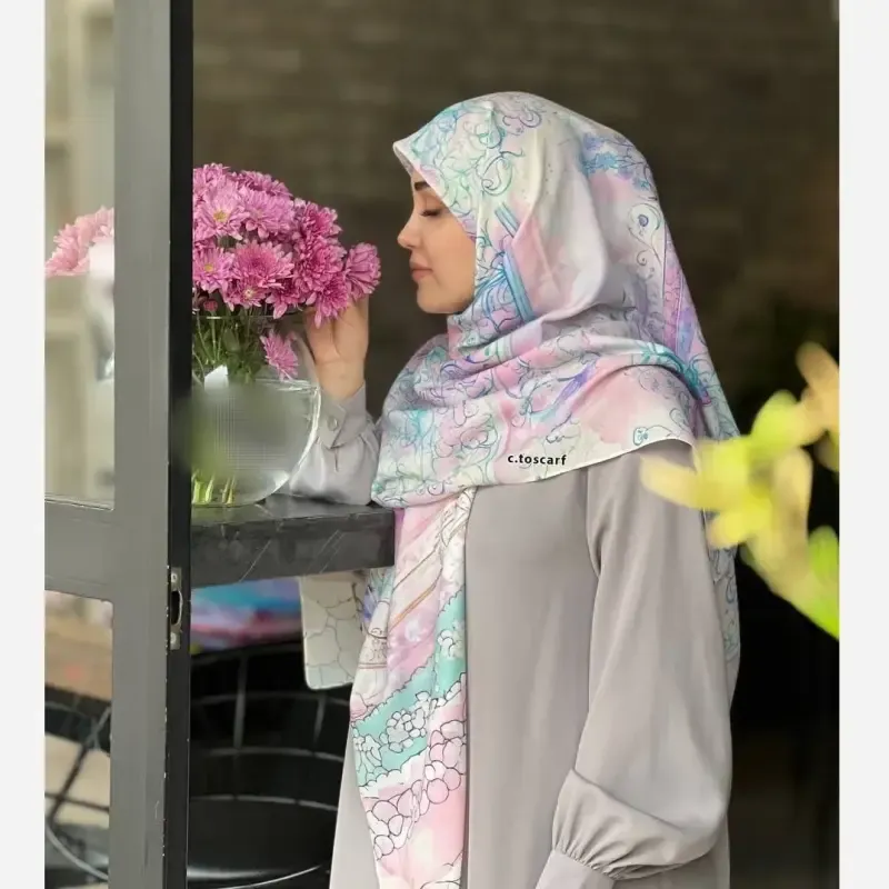روسری نخی قواره 140 دور دوخت طرح بهار