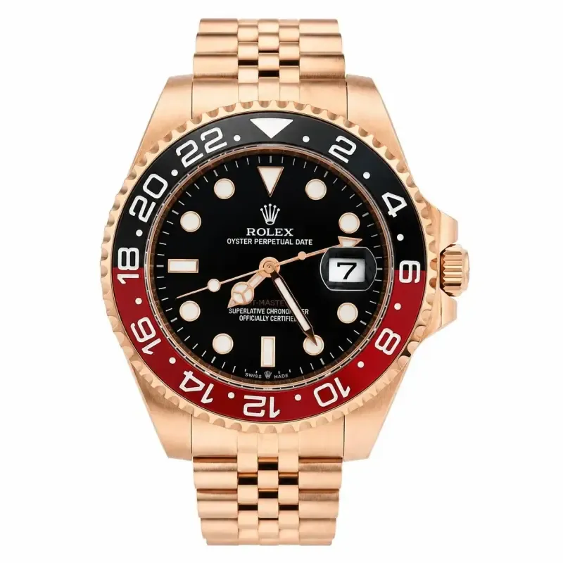 ساعت مردانه رولکس رزگلد صفحه مشکی مدل جی ام تی GMT مسترکوالیتی موتور ژاپن